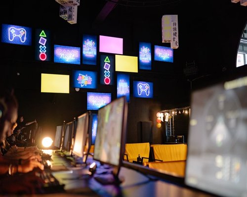 Sydney harbour hotel lounge with technology and gaming displays